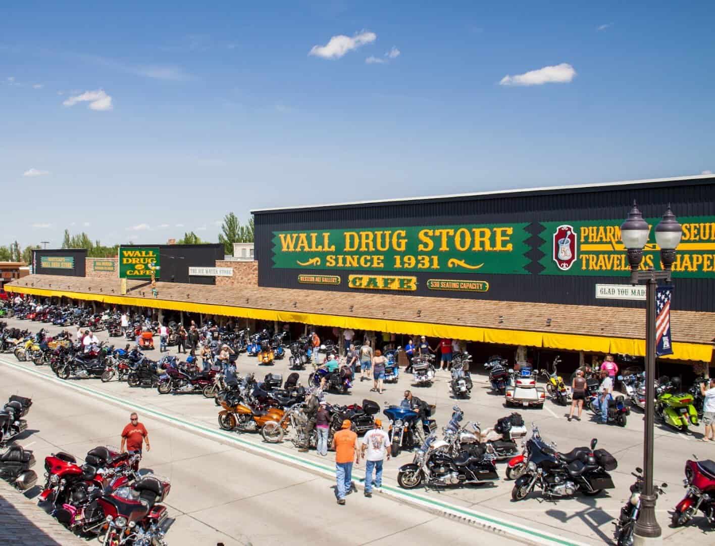 The Wall Drug Store storefront with its vintage signs in Wall, South Dakota