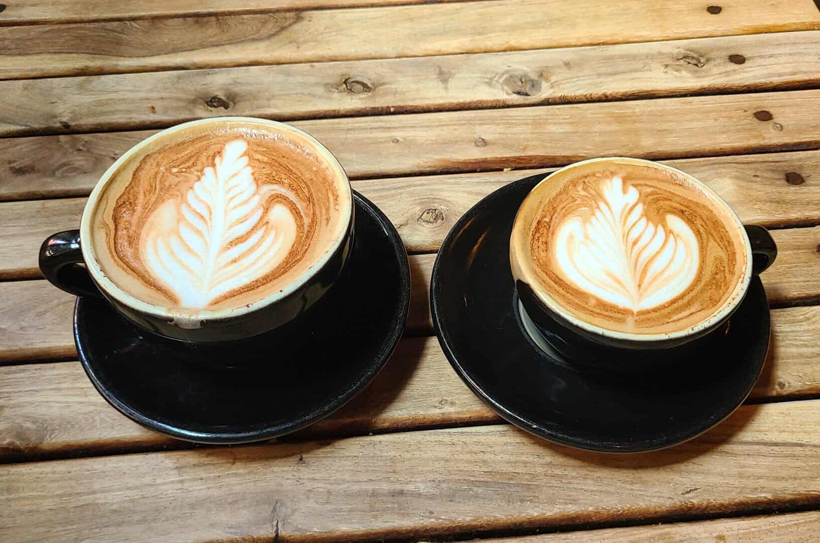 Two lattes with latte art at Walton's Fancy and Staple in Austin