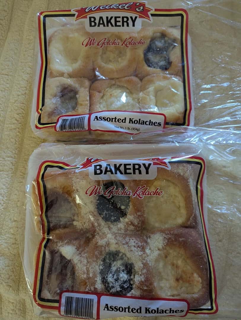 Assorted kolaches packaged at Weikel's Bakery in La Grange, Texas