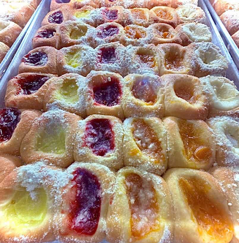 Tray of fruit kolaches at Weikel's Bakery in La Grange, Texas