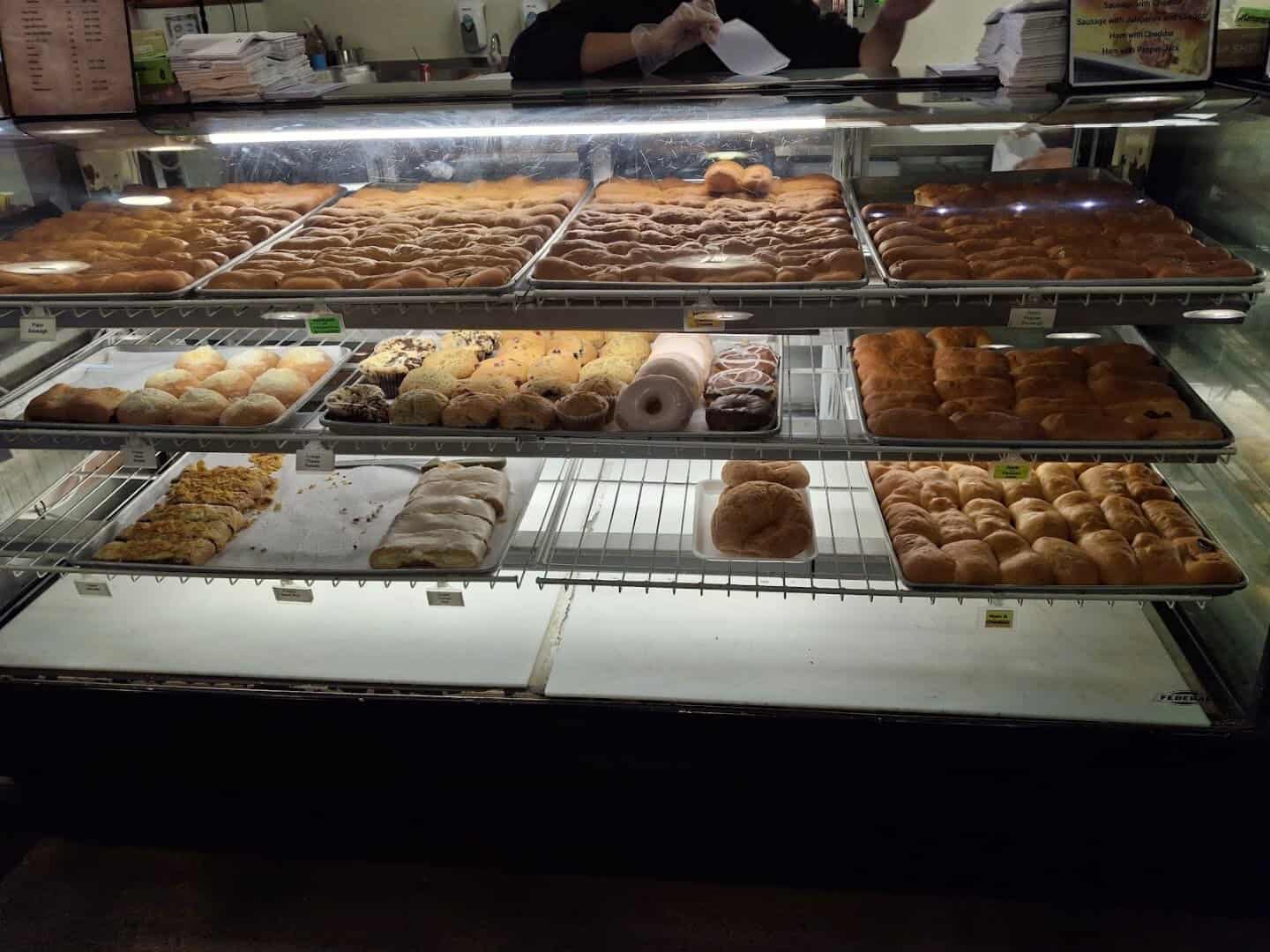 Bakery case of kolaches at Weikel's Bakery in La Grange, Texas