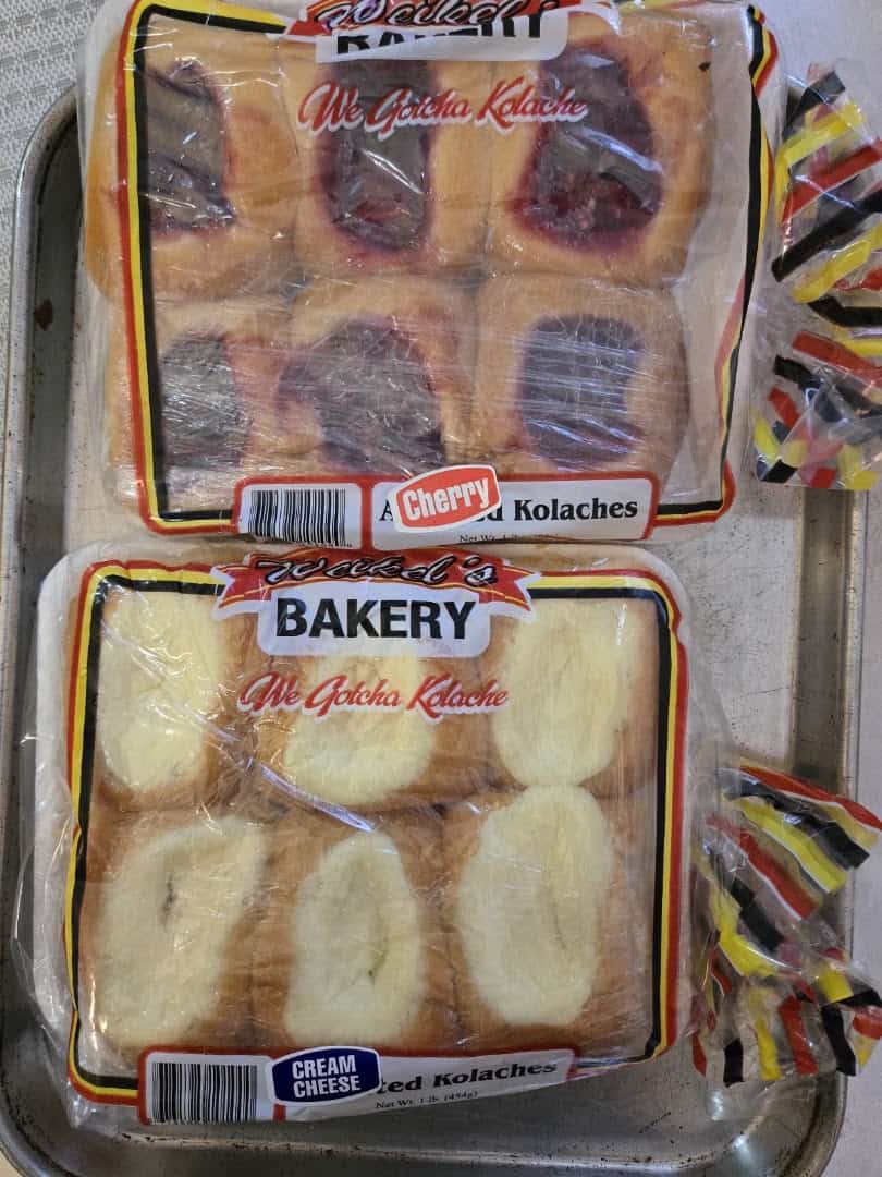 Packaged cherry and cream cheese kolaches at Weikel's Bakery in La Grange, Texas
