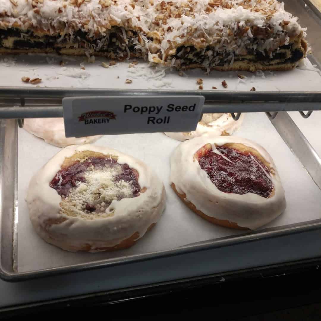 Poppy seed roll and fruit-filled pastries at Weikel's Bakery in La Grange, Texas