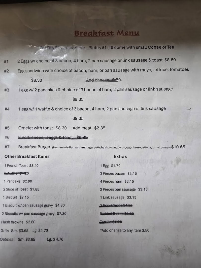 Breakfast menu at Kountry Bakery in Weimar, Texas