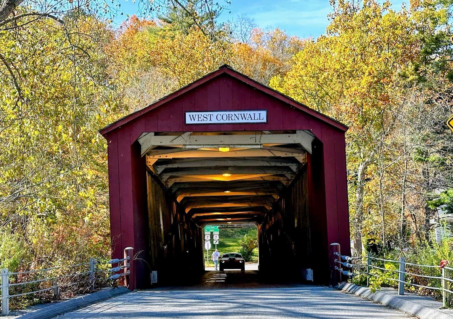 West Cornwall Covered Bridge surrounded by fall foliage, Connecticut