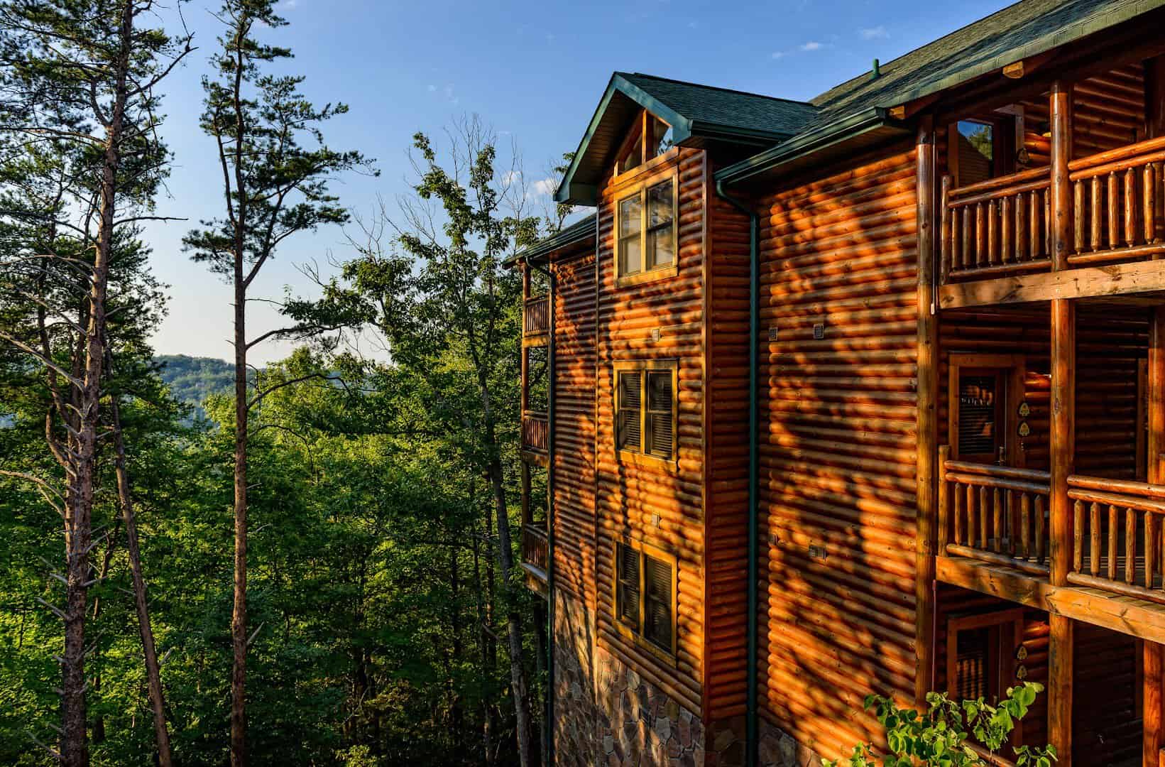 Log cabin among pines at Westgate Smoky Mountain Resort in Gatlinburg, Tennessee