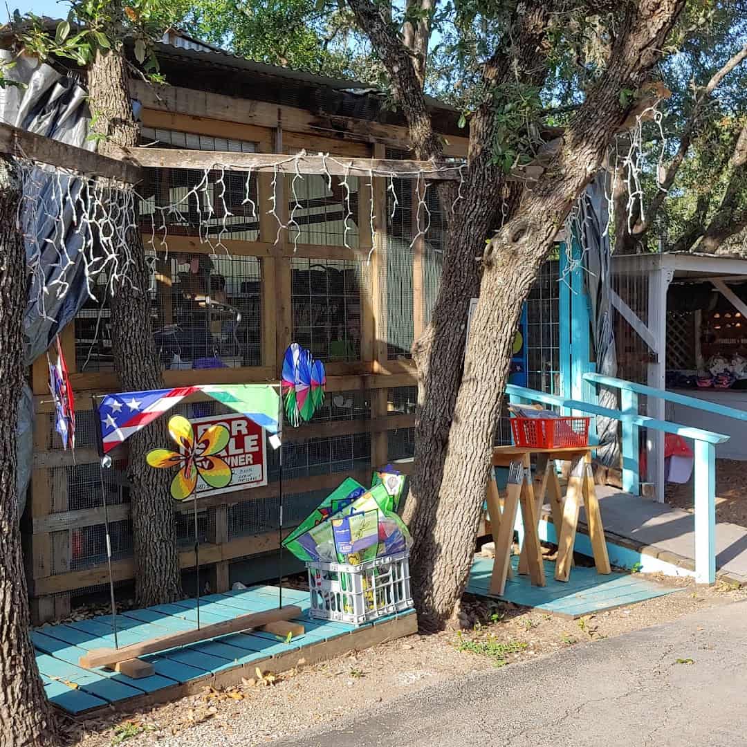 Colorful vendor stall with pinwheels and string lights at Wimberley Market Days