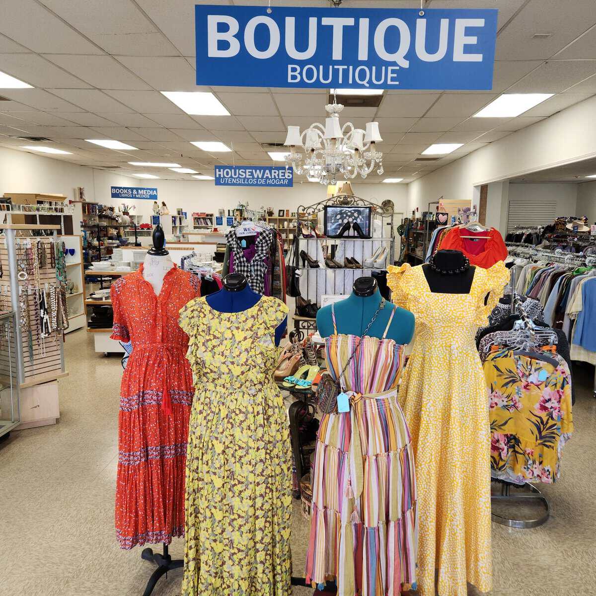 Boutique dresses on display at White Rock Center of Hope thrift store in Dallas, Texas