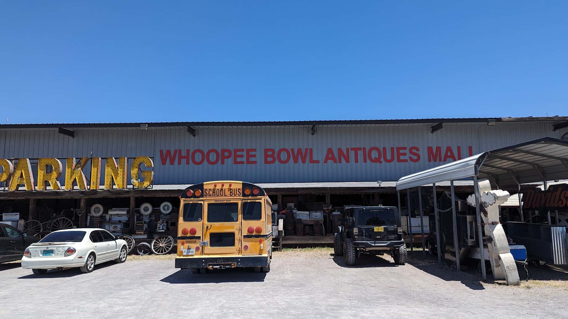 The Whoopee Bowl Antiques Mall storefront and sign in Canutillo, Texas