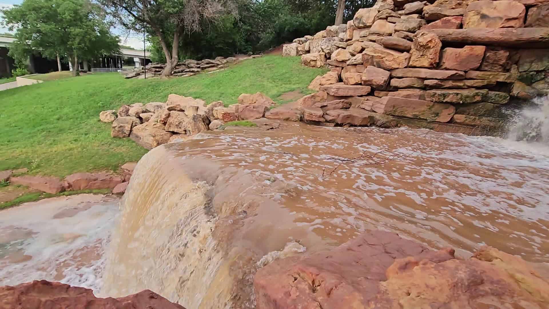 The man-made Wichita Falls waterfall beside Interstate 44 in Wichita Falls