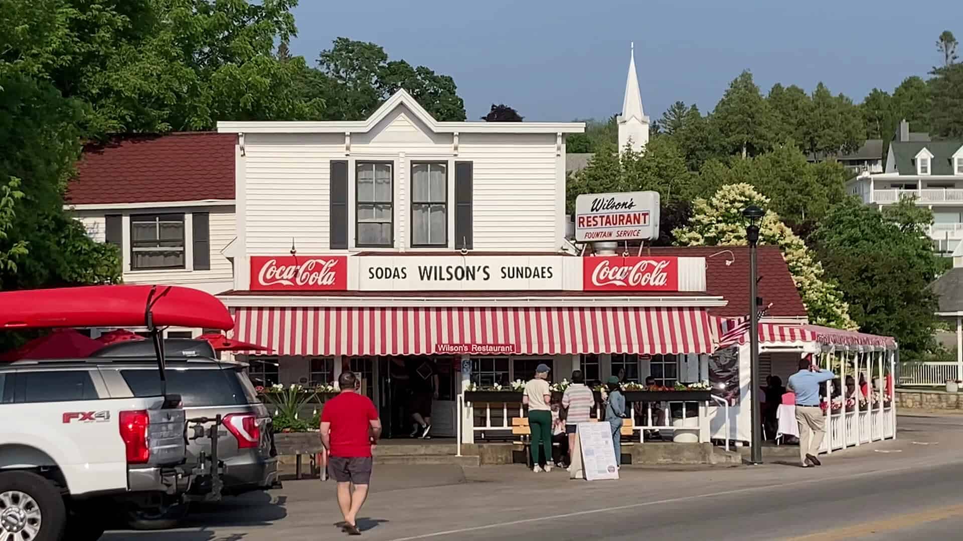 Wilson's Restaurant and Ice Cream Parlor striped-awning storefront in Ephraim, Wisconsin