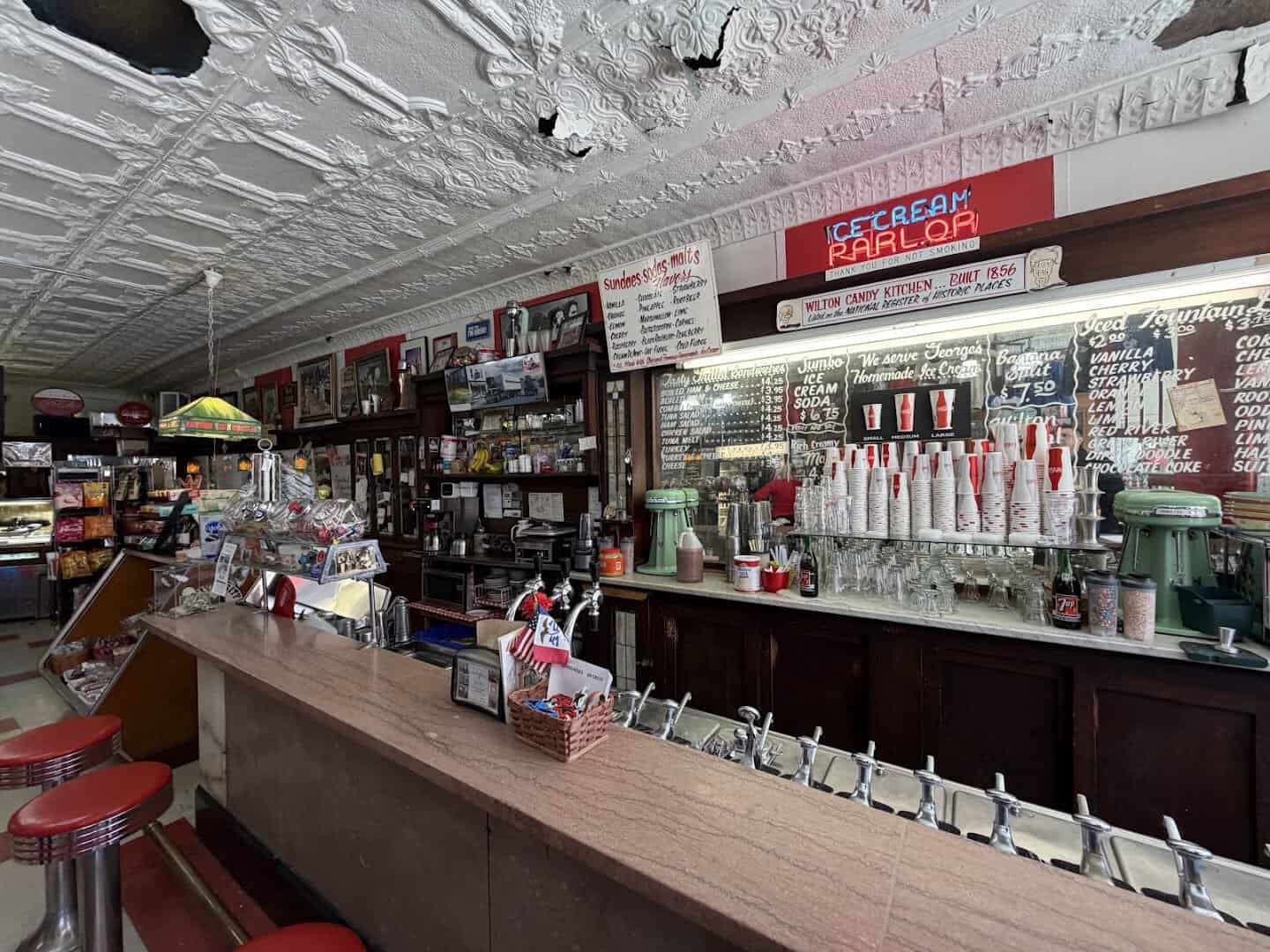 Vintage soda fountain counter and stools at Wilton Candy Kitchen in Iowa