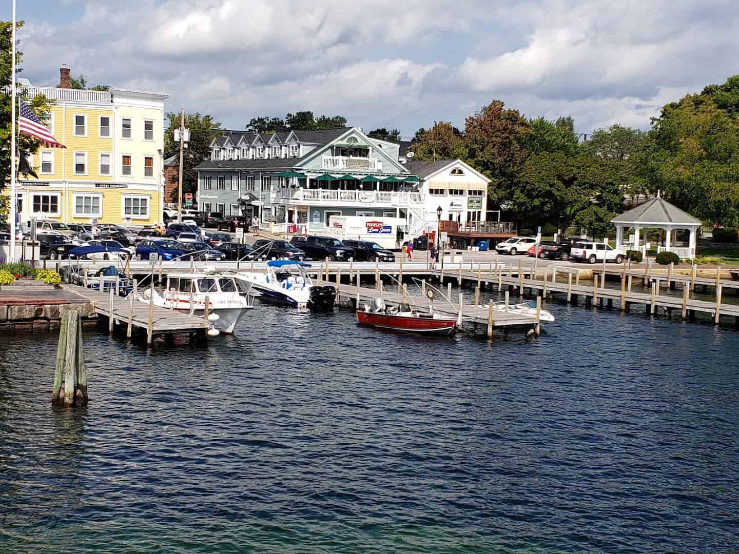 Downtown waterfront and marina on Lake Winnipesaukee in Wolfeboro, New Hampshire