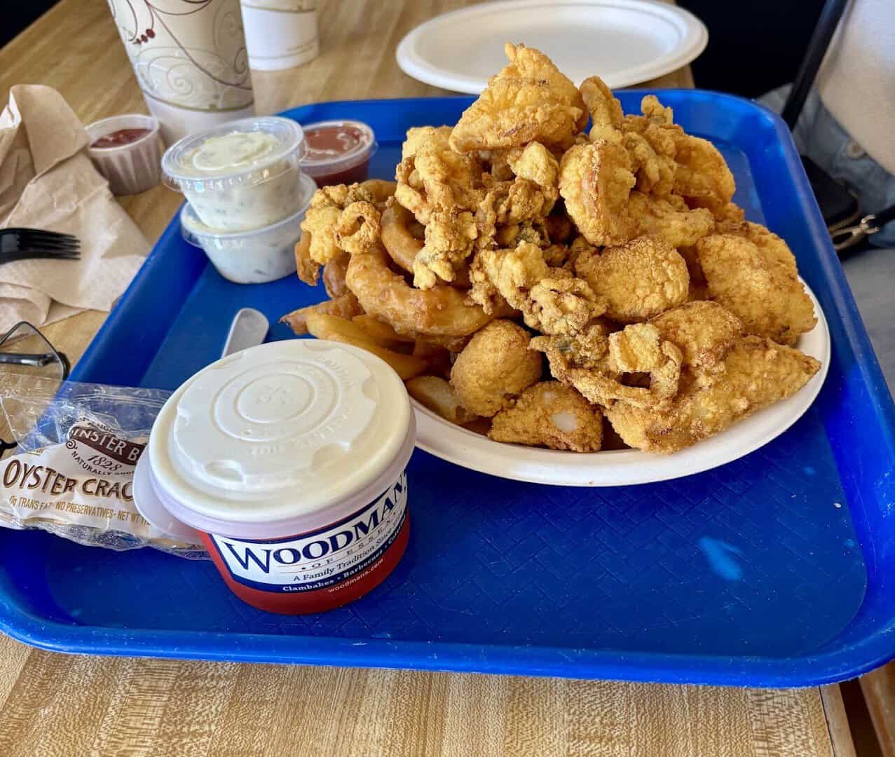 Platter of golden fried clams at Woodman's of Essex in Essex, Massachusetts