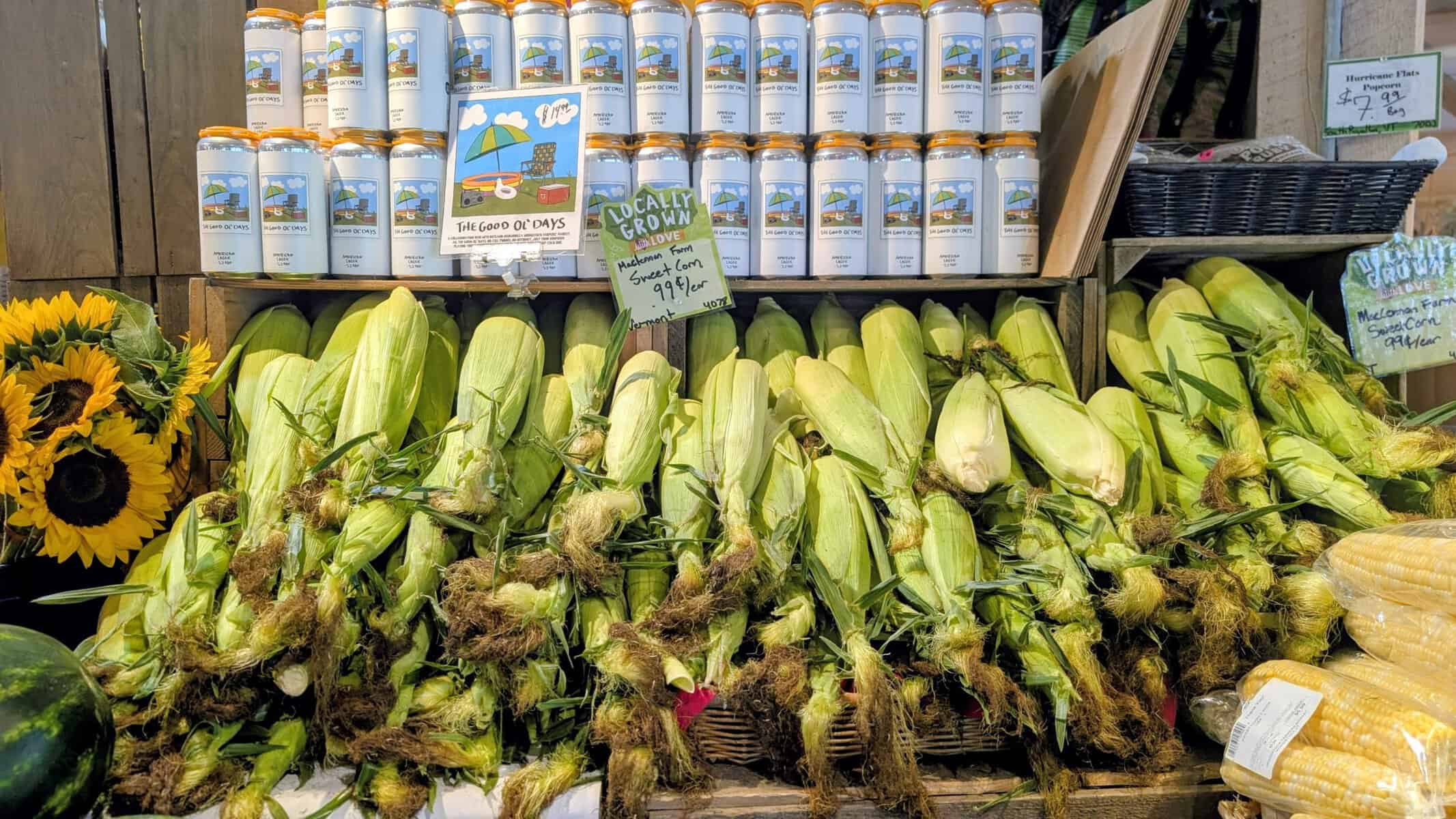 Fresh corn and local goods at the Woodstock Farmers Market in Woodstock, Vermont