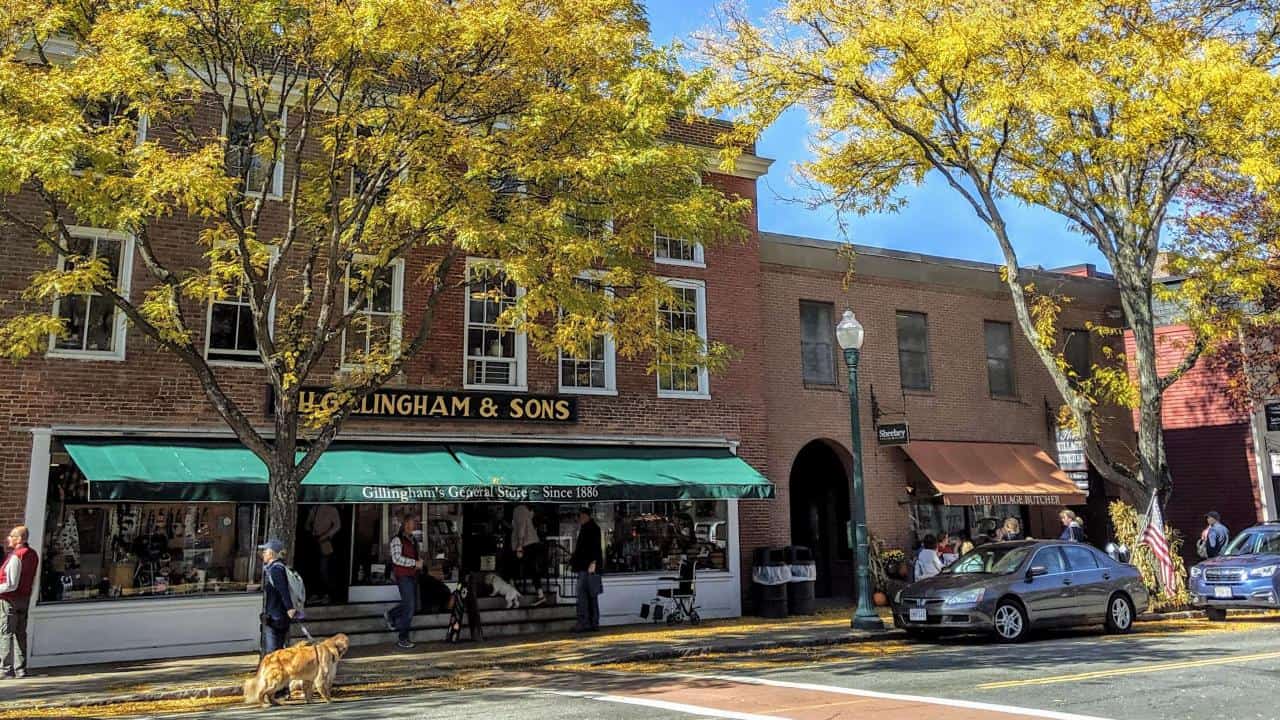 F.H. Gillingham and Sons storefront on the street in downtown Woodstock, Vermont