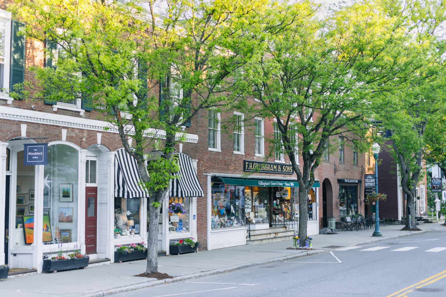 Historic storefronts along Main Street in Woodstock, Vermont