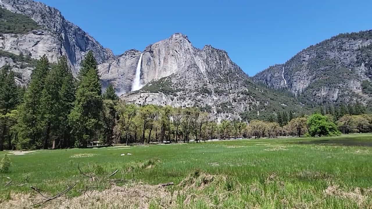 Upper Yosemite Falls above the valley meadow, California
