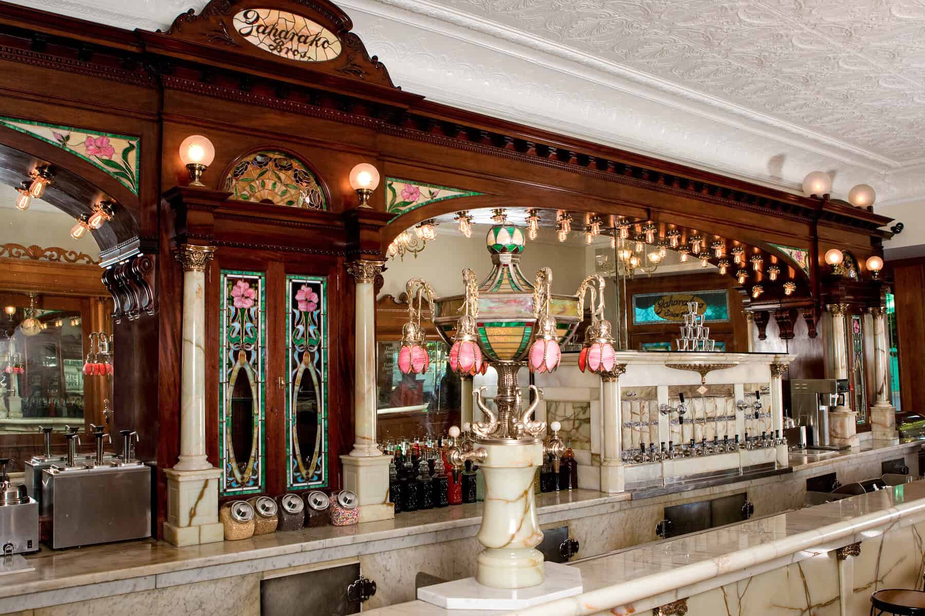 The Mexican onyx soda fountain and marble backbar at Zaharakos in Indiana