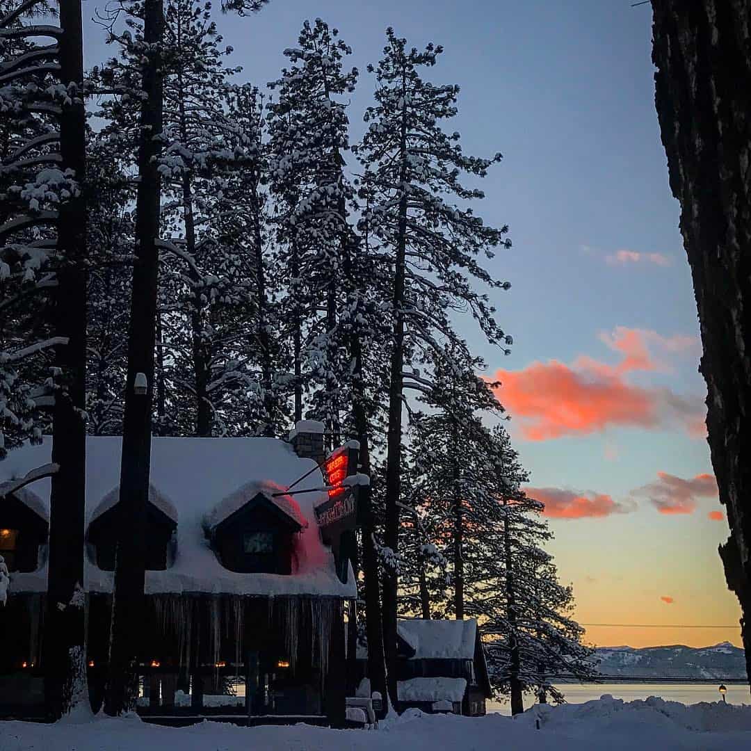 Snow-covered cabins among pines at Zephyr Cove Resort on Lake Tahoe, Nevada