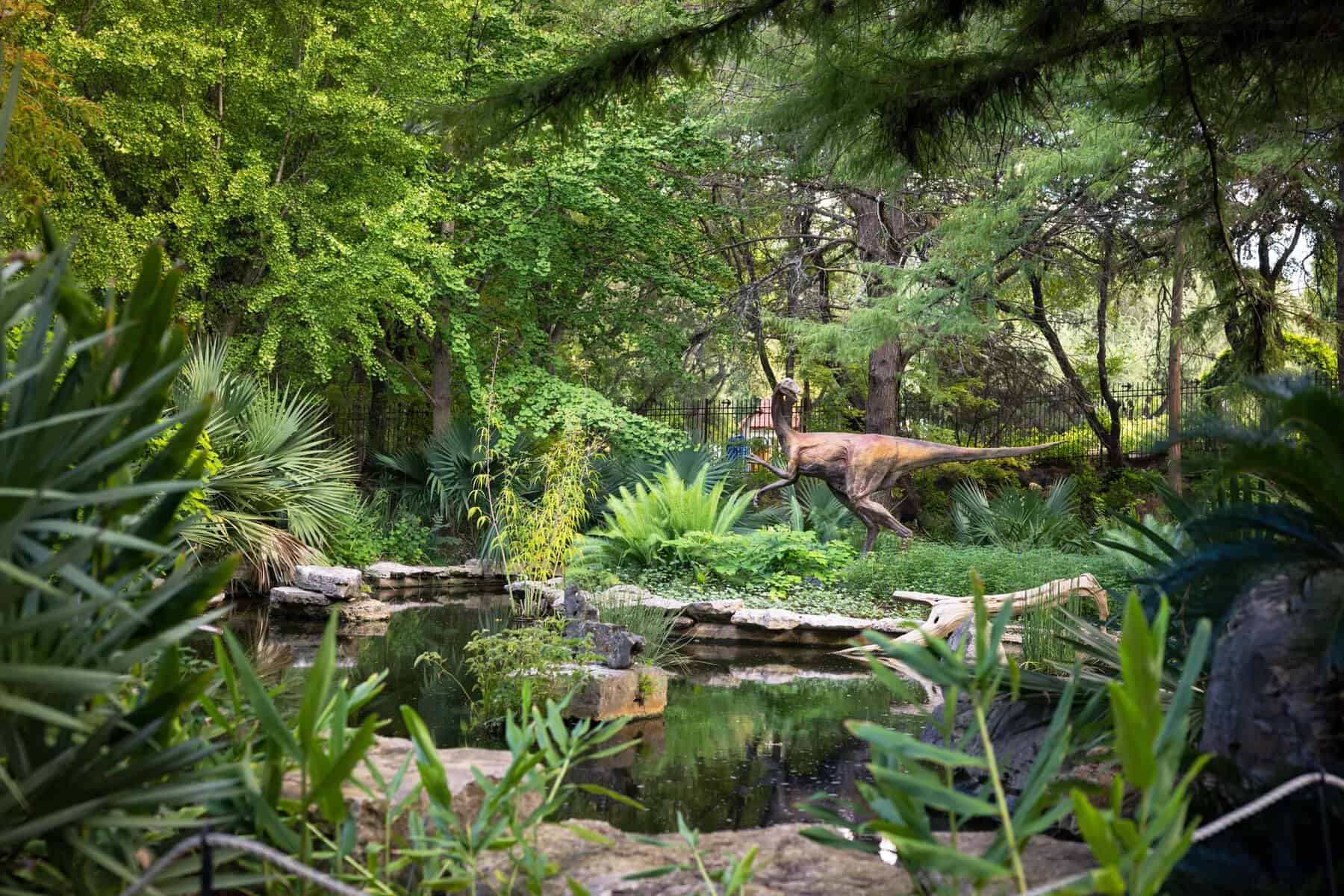 Life-size Ornithomimus dinosaur replica in the Hartman Prehistoric Garden at Zilker Botanical Garden in Austin, Texas