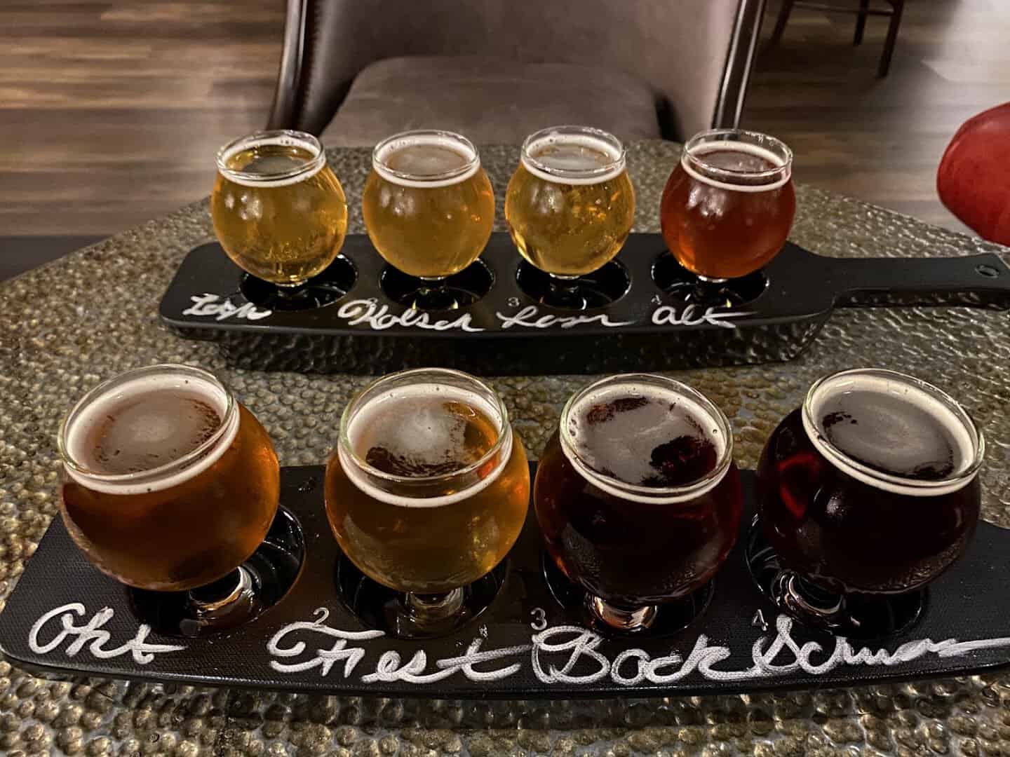 A flight of house-brewed German-style beers at Altstadt Brewery in Fredericksburg