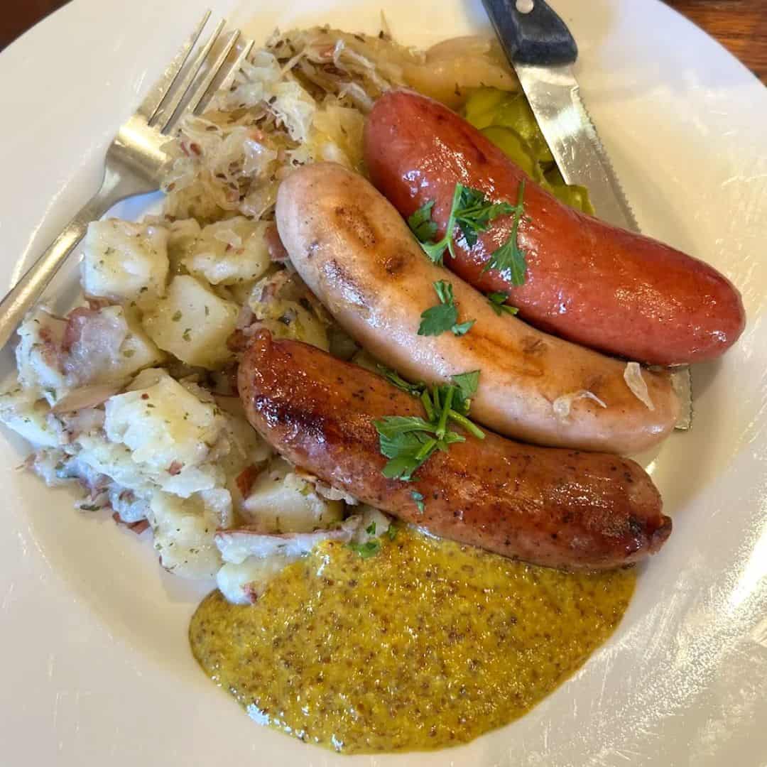 Bratwurst with German potato salad at Altdorf Biergarten in Fredericksburg