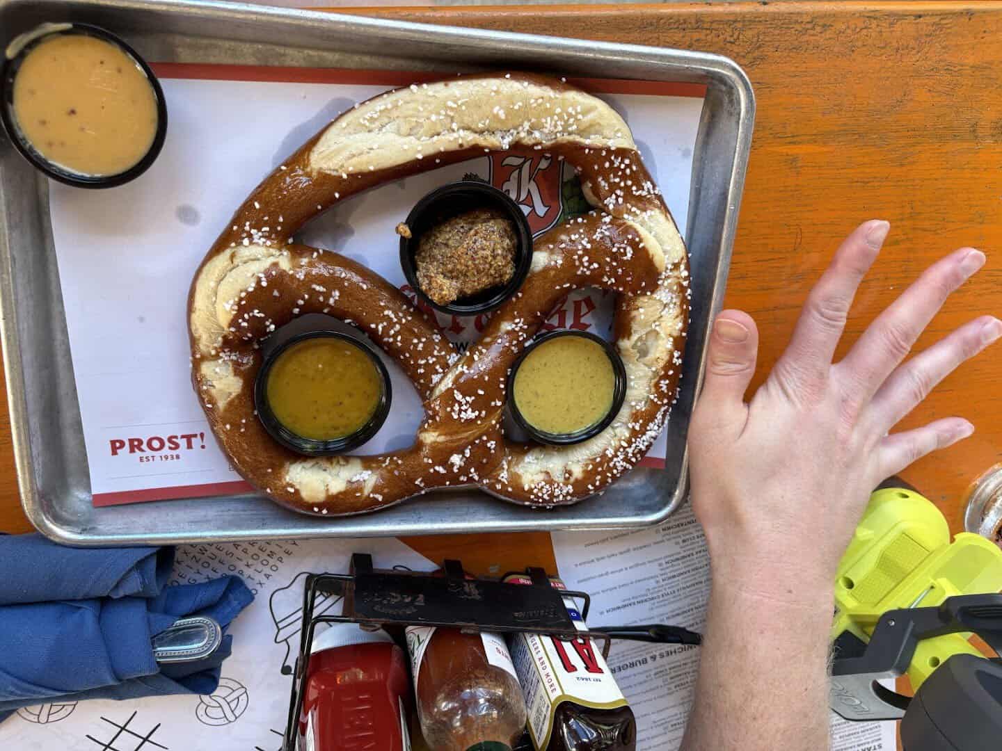 A warm Bavarian pretzel with mustard and cheese at Krause's Cafe in New Braunfels
