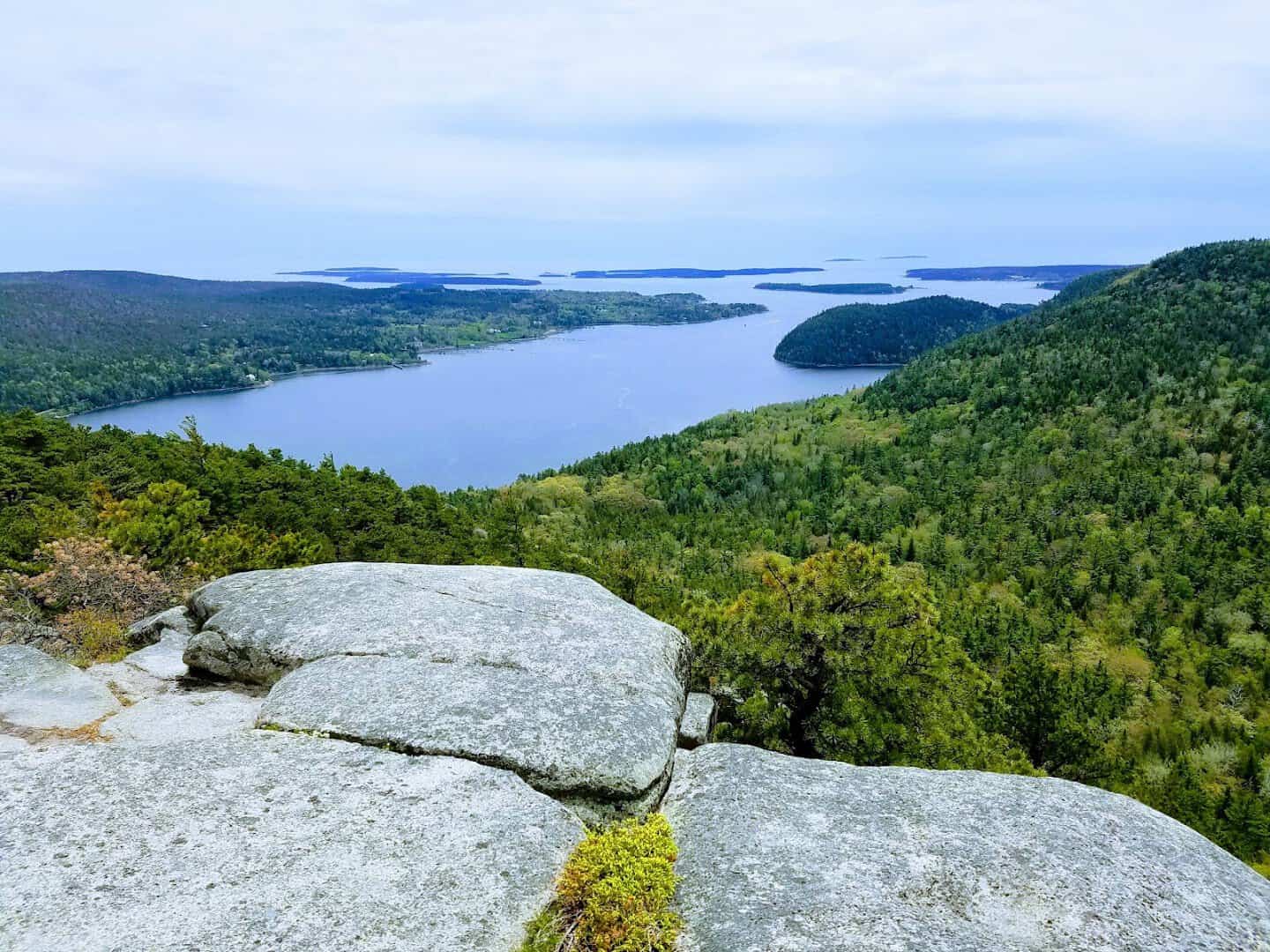 Elevated vista over forested islands and water at Acadia National Park, Maine