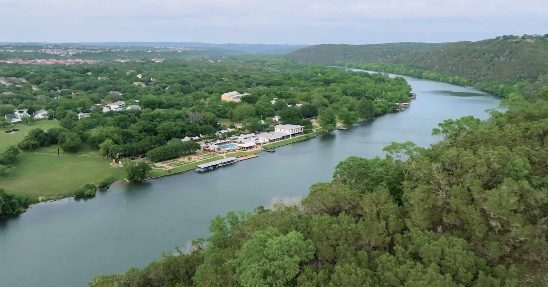 Aerial view of Lake Austin Spa Resort along the water