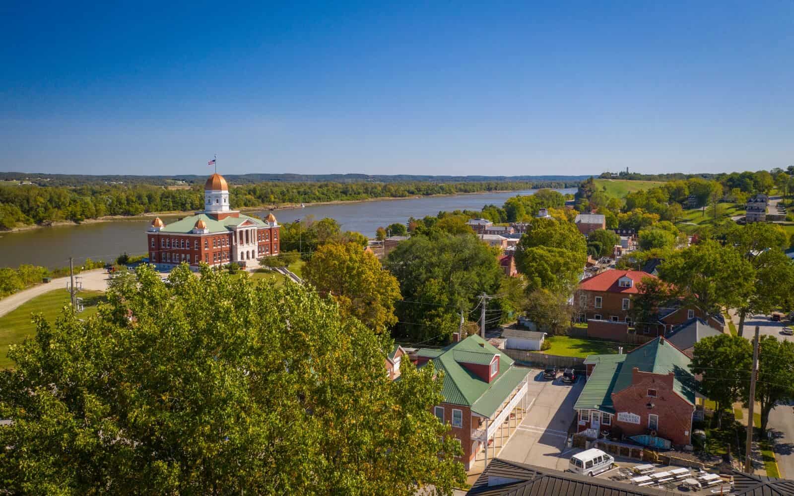Aerial view of historic downtown Hermann, Missouri above the Missouri River