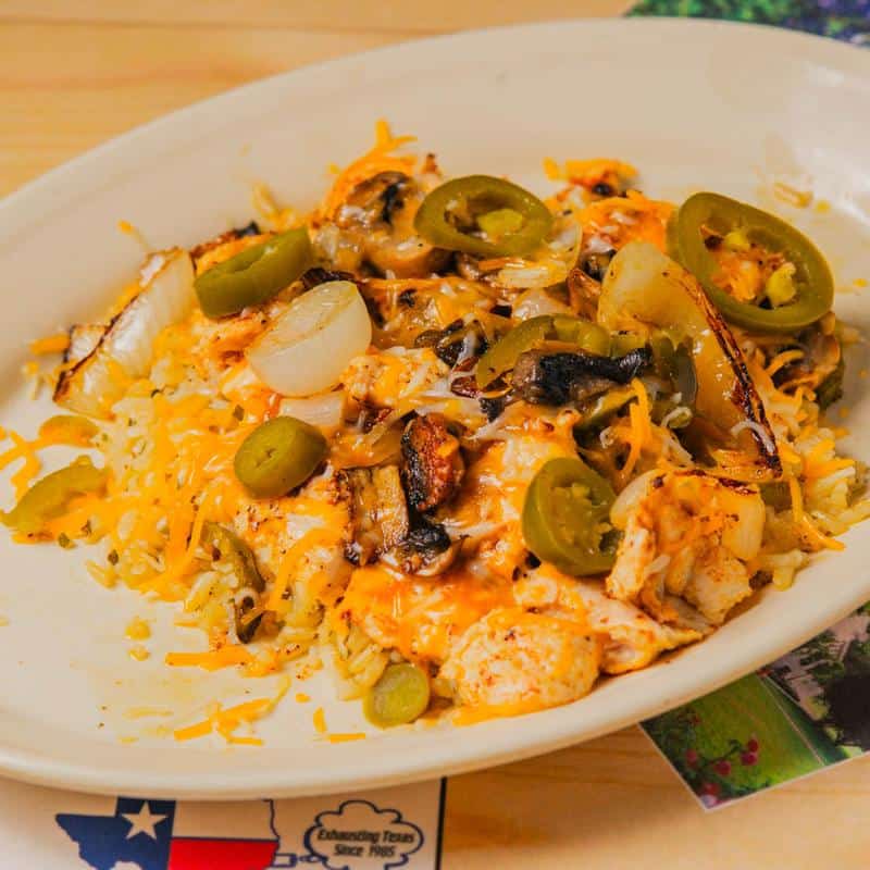 Loaded breakfast skillet with eggs, cheese, jalapenos and country potatoes at Hill Country Cupboard