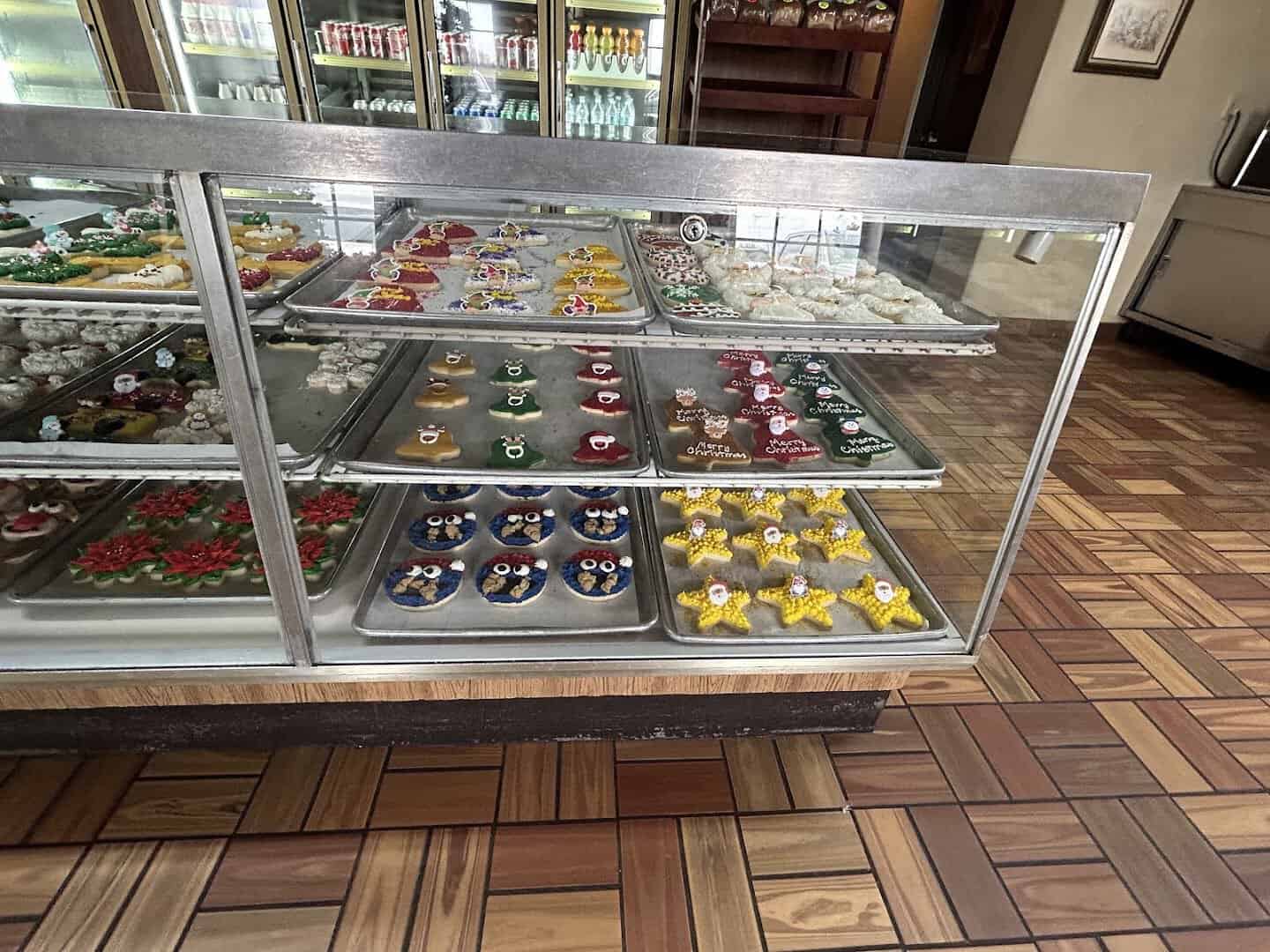 Case of colorful Alsatian pastries at Haby's Alsatian Bakery in Castroville, Texas