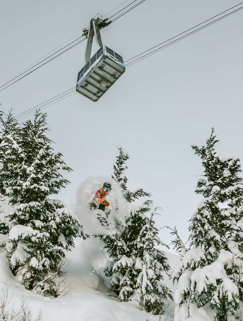 Alyeska Resort aerial tram passing over snow-laden spruce trees in deep winter, Girdwood, Alaska
