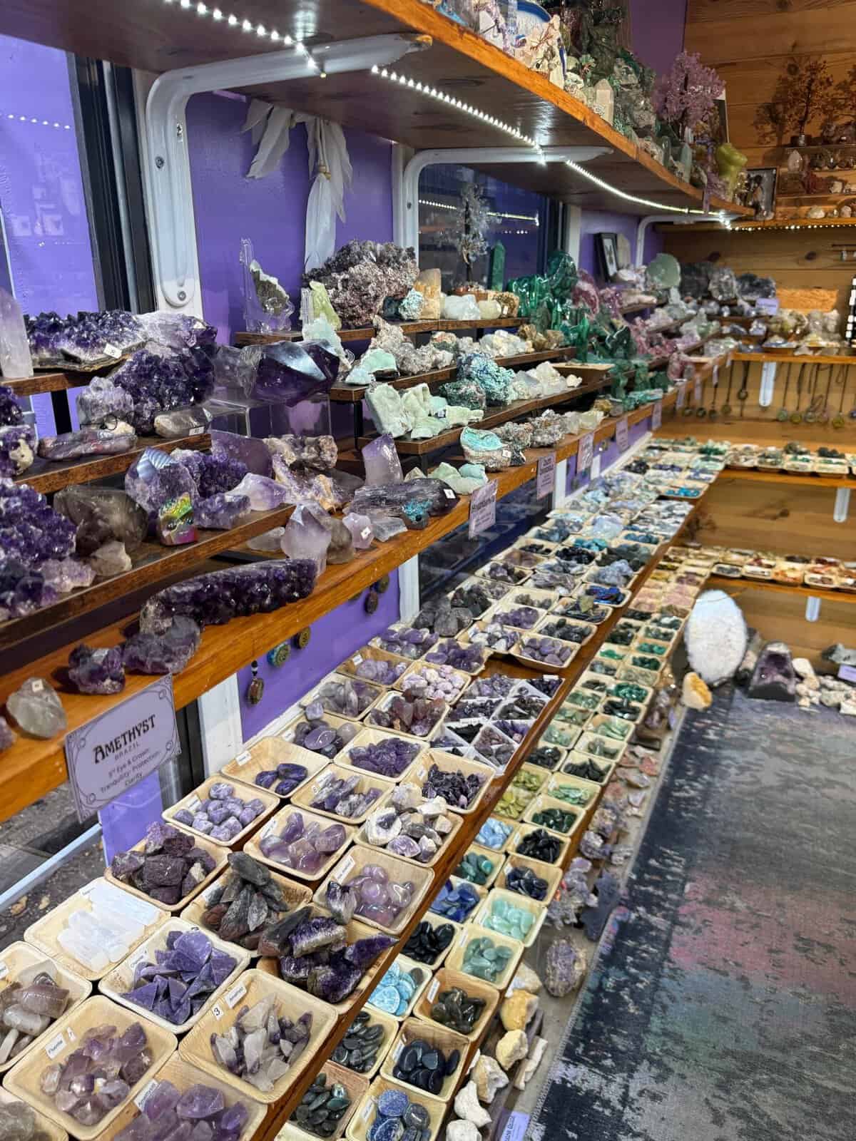 Amethyst and crystal display tables at Shiny Things For Shiny People in Austin