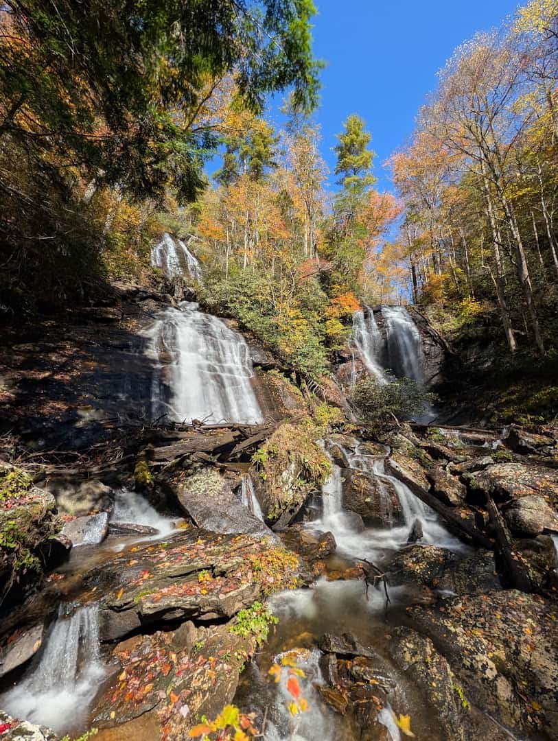 Anna Ruby Falls surrounded by fall foliage near Helen, Georgia