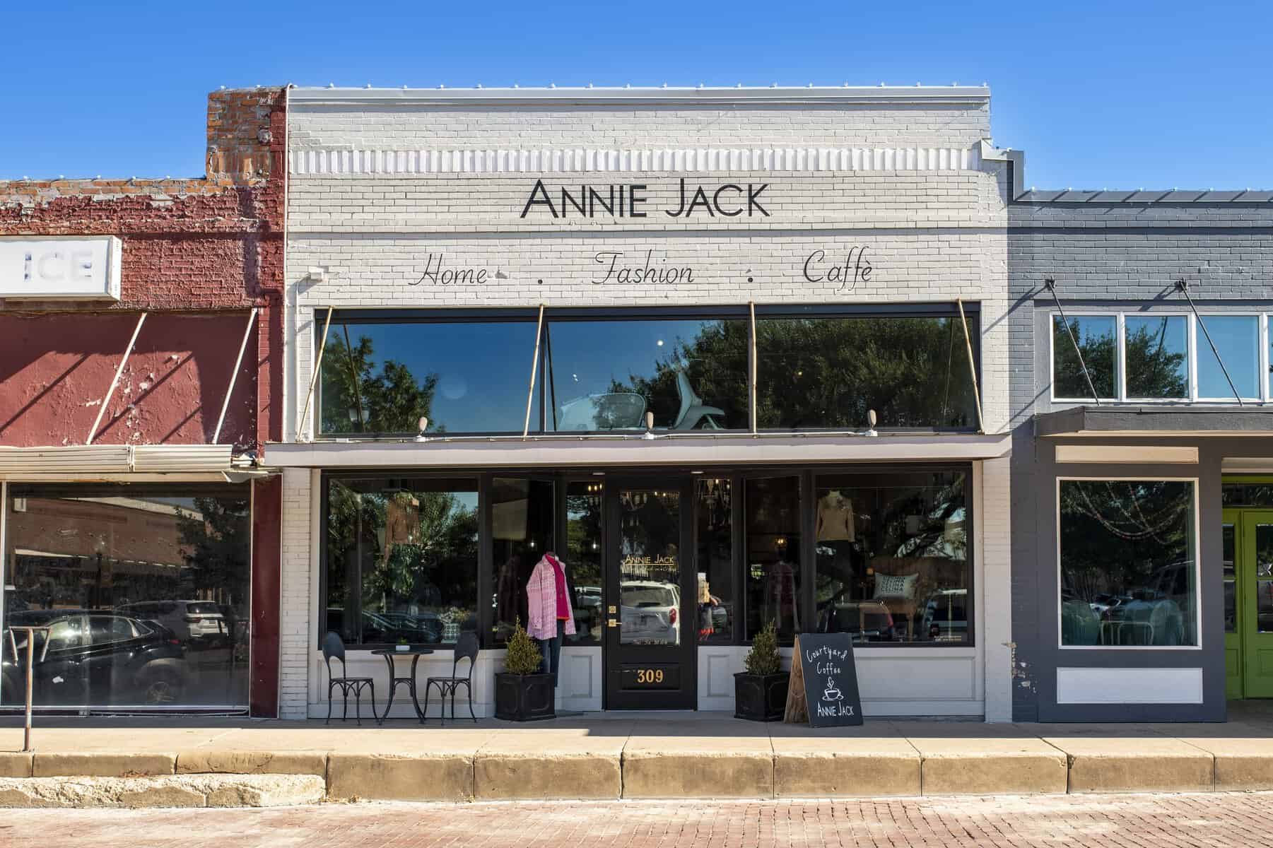 Annie Jack home, fashion and cafe storefront on the downtown square in Celina, Texas
