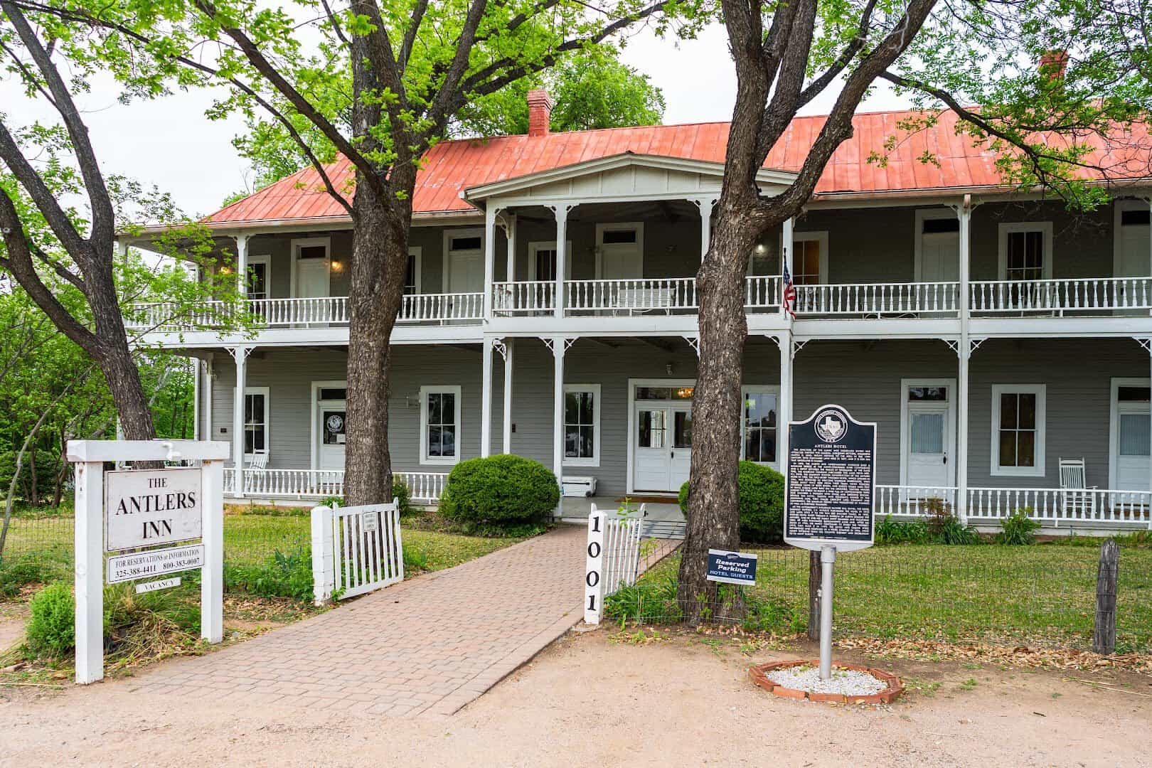 The 1901 Antlers Inn hotel building with its wide verandas in Kingsland
