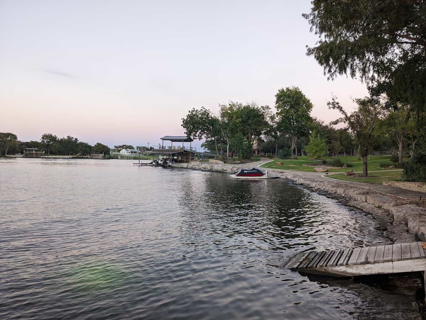 Lake LBJ shoreline and pier at The Antlers Inn in Kingsland
