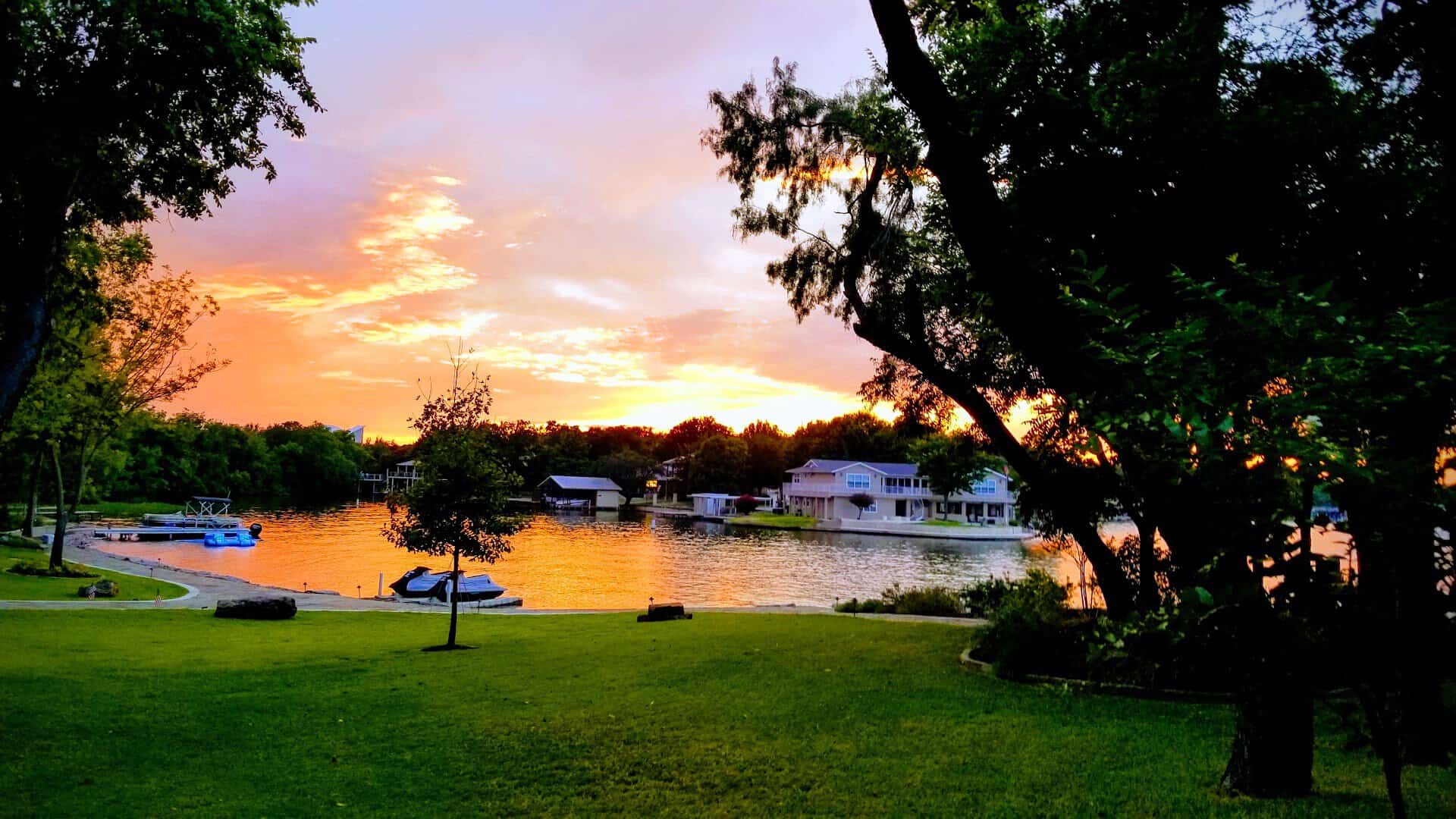 Sunset over Lake LBJ from The Antlers Inn grounds in Kingsland