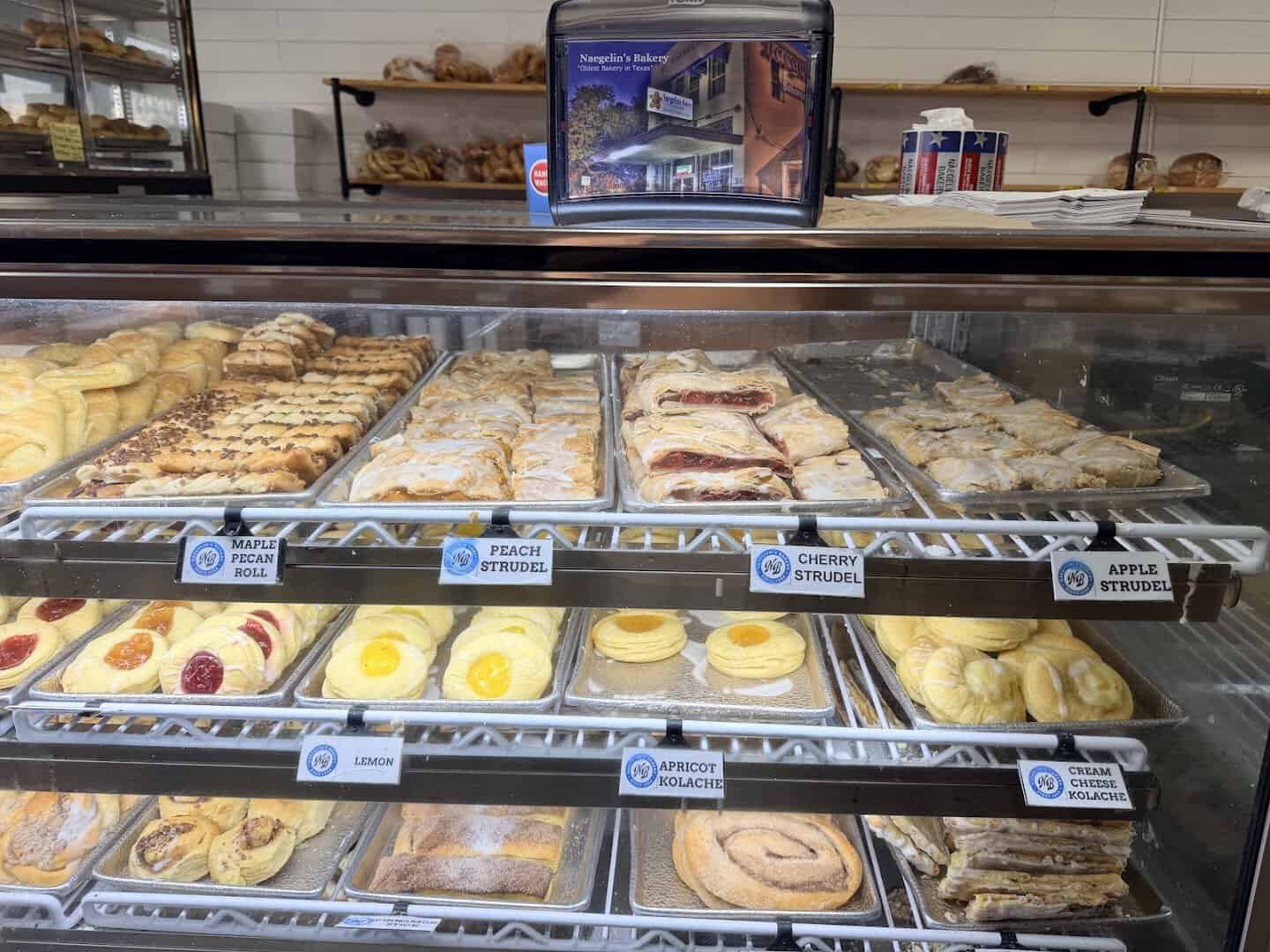 Apple, cherry and peach strudel in the pastry case at Naegelin's Bakery in New Braunfels