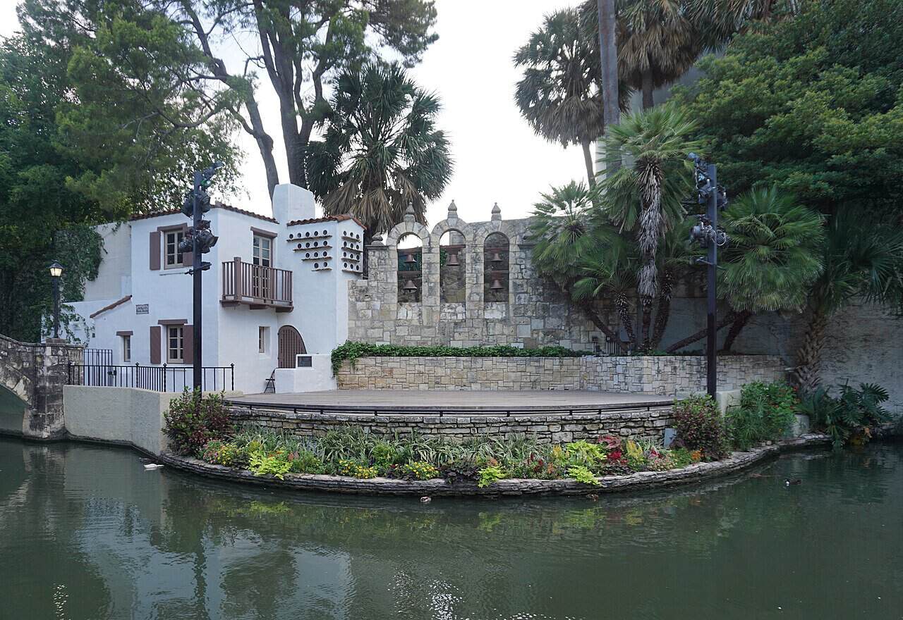 Stone stage and bell wall of the Arneson River Theatre on the San Antonio River