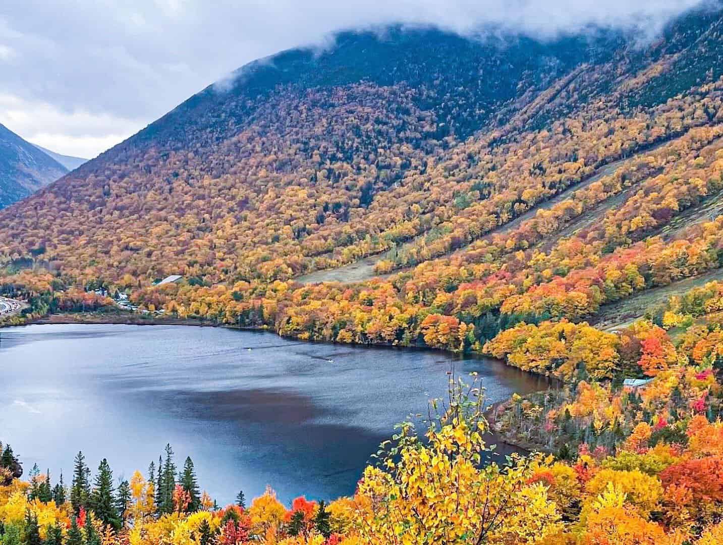 Fall foliage over Echo Lake from Artist's Bluff, Franconia Notch, New Hampshire