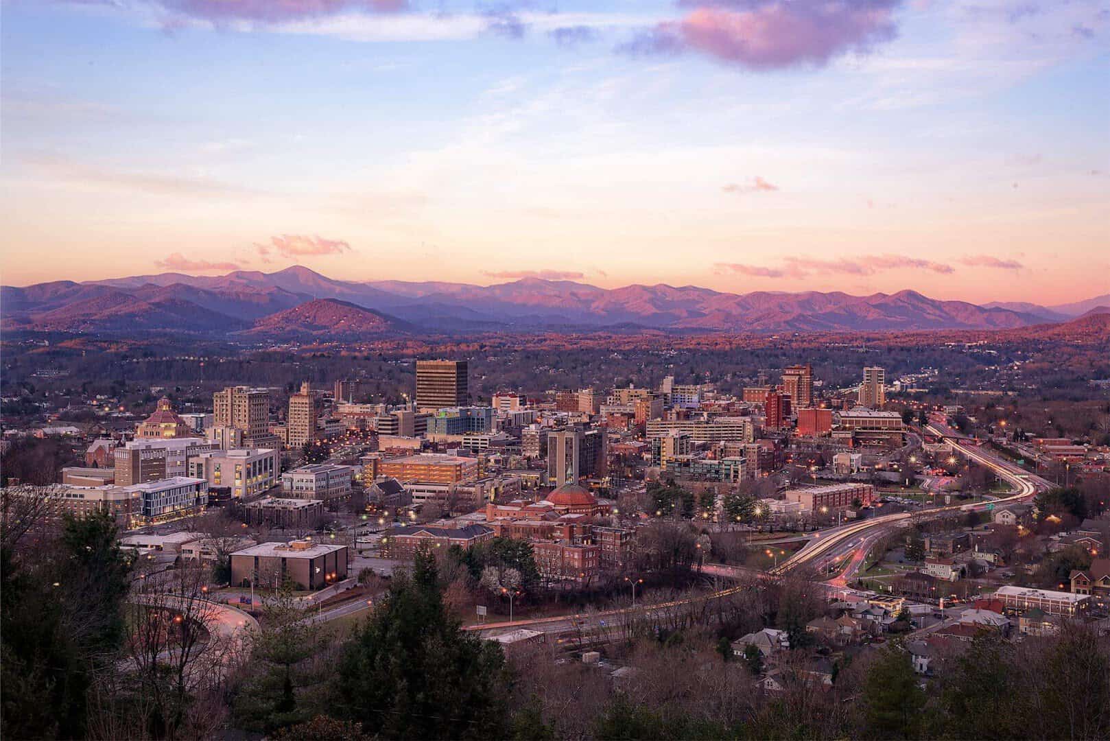 Asheville skyline with the Blue Ridge Mountains at sunset, North Carolina