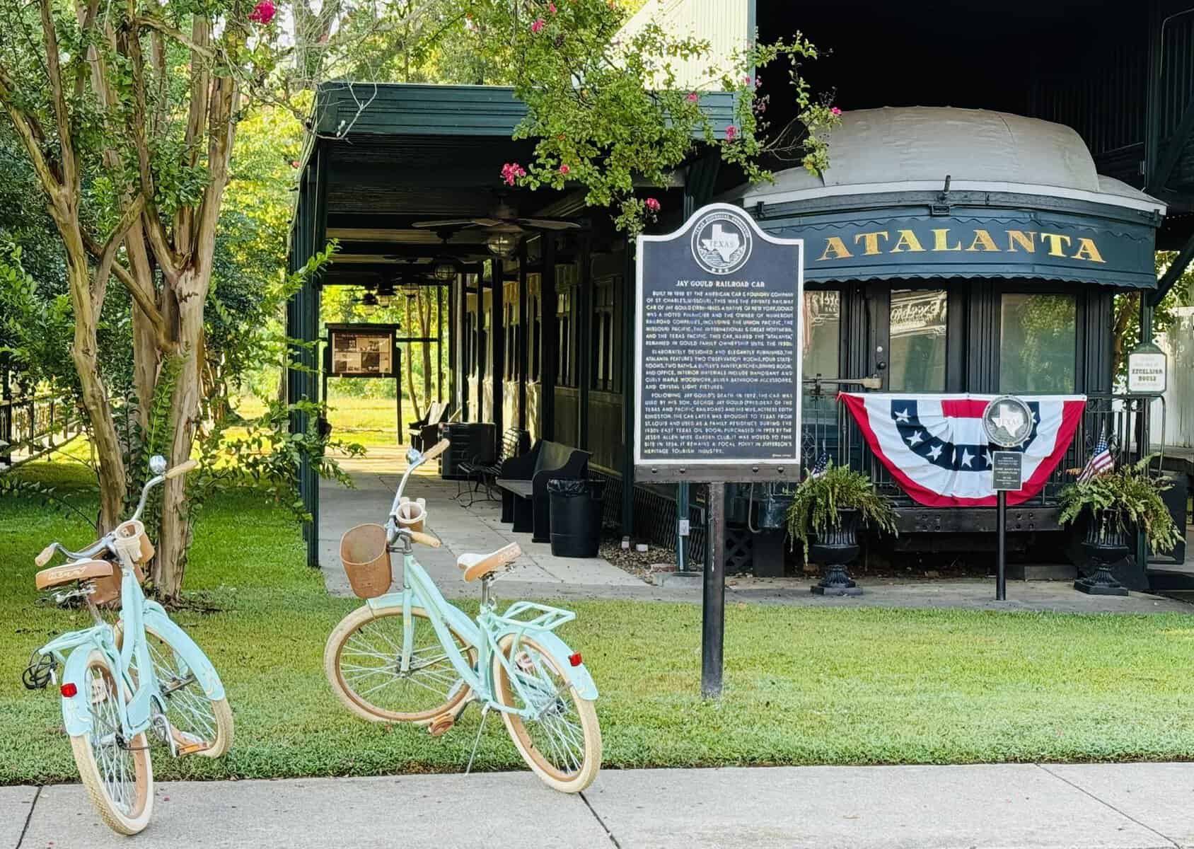 The Atalanta, Jay Gould's private railroad car, with its Texas historical marker beside the Excelsior House, Jefferson, Texas