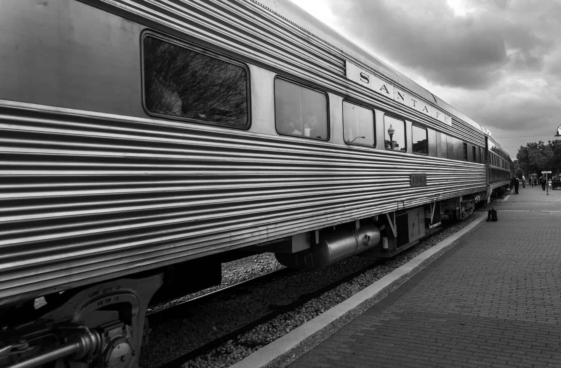 Vintage Austin Steam Train stainless Santa Fe coach at the Burnet depot