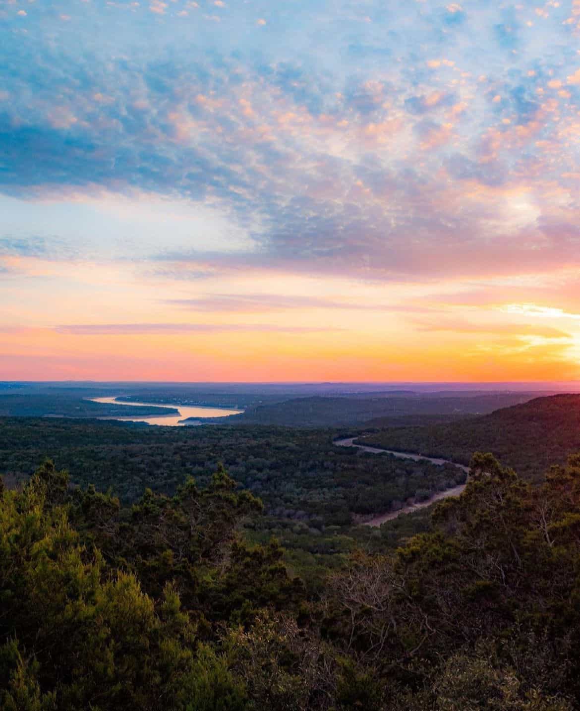 Sunset over the ridges at Warbler Vista in Balcones Canyonlands National Wildlife Refuge