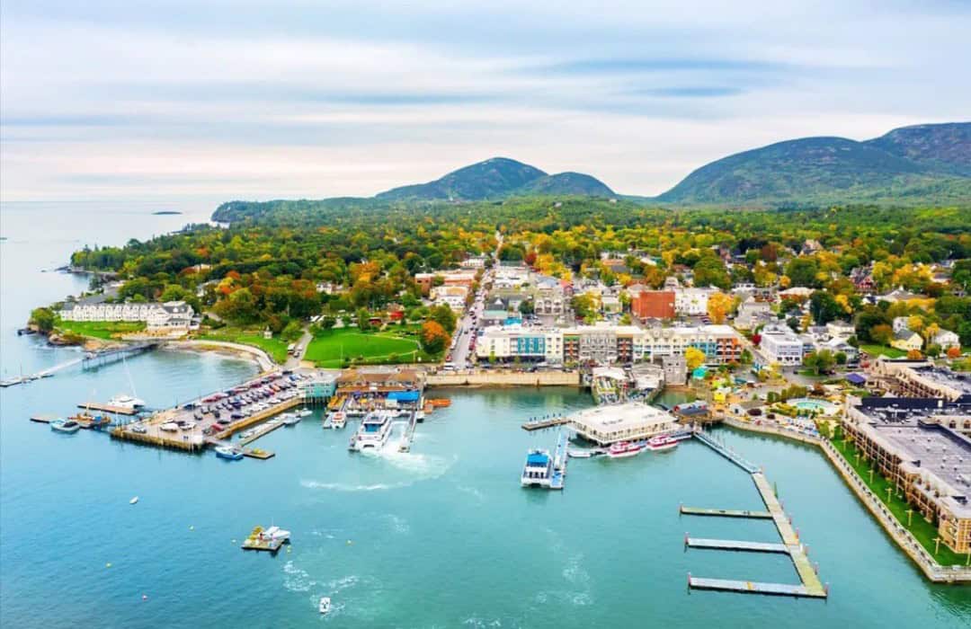Bar Harbor town and harbor beside Acadia National Park, Maine
