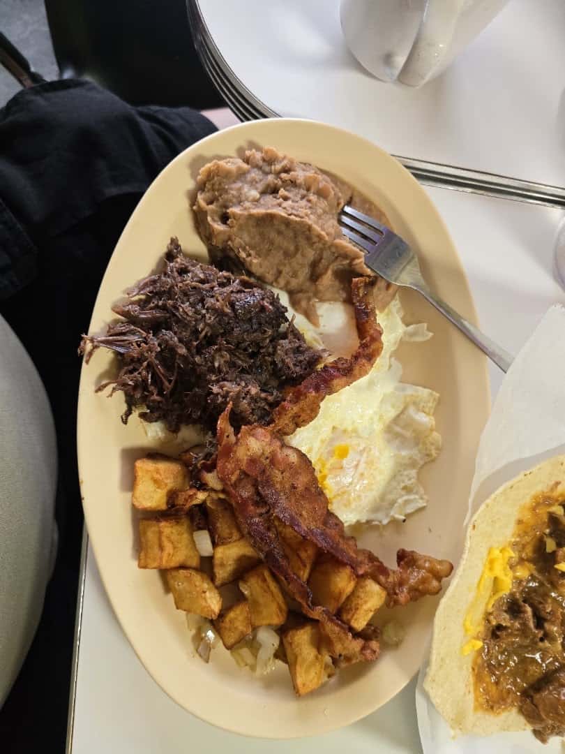 Barbacoa plate with eggs, bacon and potatoes at Southside Barbacoa in Corpus Christi