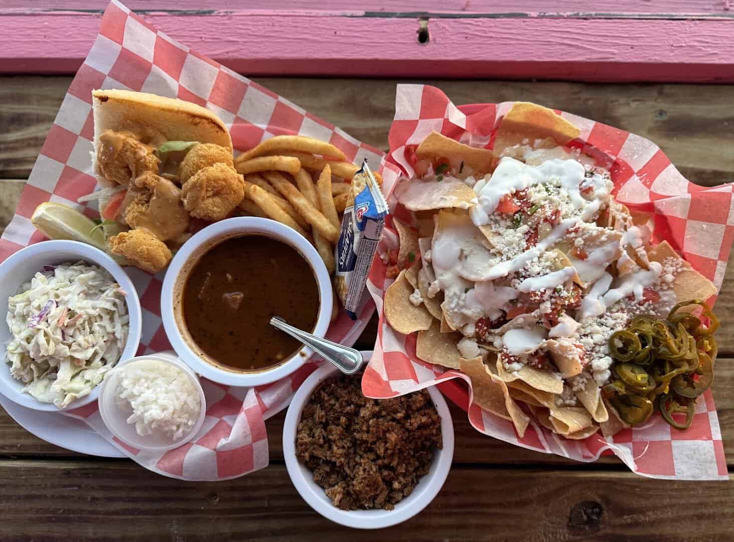 Shrimp po boy, nachos and Gulf Coast plates at Barge 295 in Seabrook, Texas